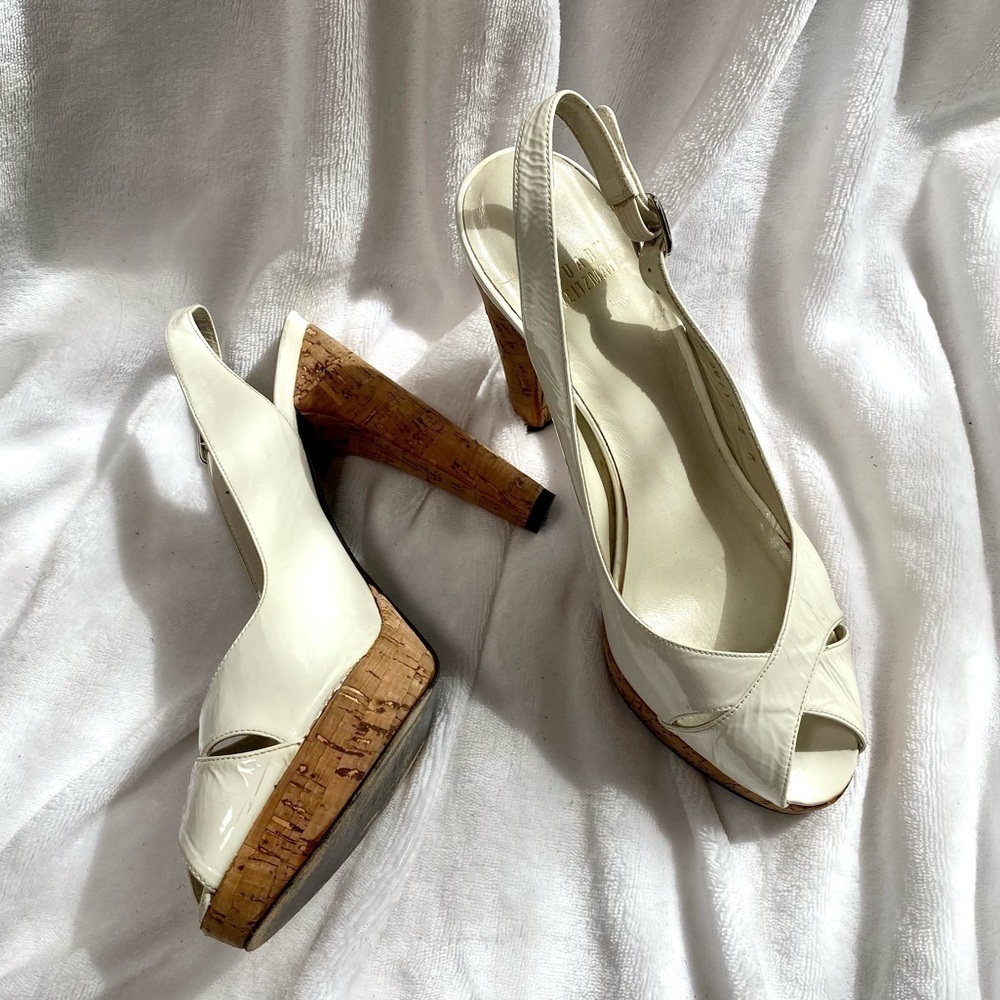Stuart Weitzman white patent leather sling back peep toe with cork heel size 8
